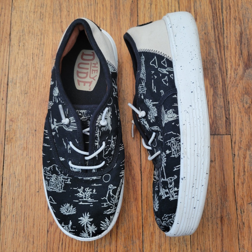Hey Dude 4 Sneakers Black Toile Print Conway Youth Desert Loafers Canvas Kicks